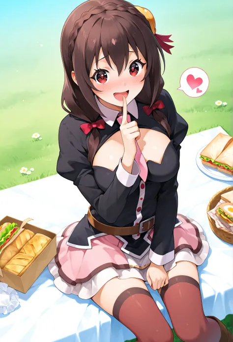 Yunyun konosuba,,smile,(laughing)、shushing、Blush、lawn、picnic、 is sitting、Sandwiches、 Highest Quality、Thinning、smile,heart symbol、glitter、☆、embarrassed、above