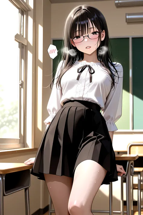 High Quality、masterpiece、clear depiction、Dark Haired、slim body、the sense of tension hidden behind her white blouse and long black skirt、standing in front of a classroom、blushes cheeks、shadows created by light shining through her evening classroom window an...