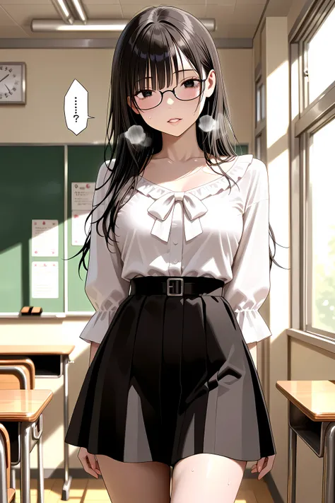 High Quality、masterpiece、clear depiction、Dark Haired、slim body、the sense of tension hidden behind her white blouse and long black skirt、standing in front of a classroom、blushes cheeks、shadows created by light shining through her evening classroom window an...