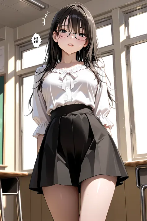 High Quality、masterpiece、clear depiction、Dark Haired、slim body、the sense of tension hidden behind her white blouse and long black skirt、standing in front of a classroom、blushes cheeks、shadows created by light shining through her evening classroom window an...