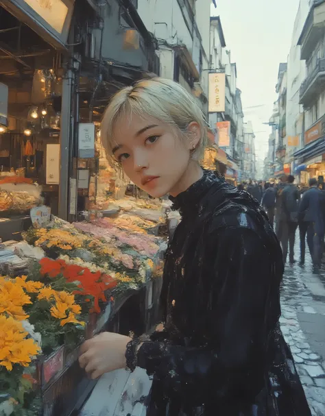 Vivid, highly detailed, award-winning illustration, professional. A woman, elegant and natural makeup woman looking at flowers at a flower market, sexy hot blonde blue eyed goth, provocative, female upper body depiction, wide angle, beautiful, fantasy. Hyp...