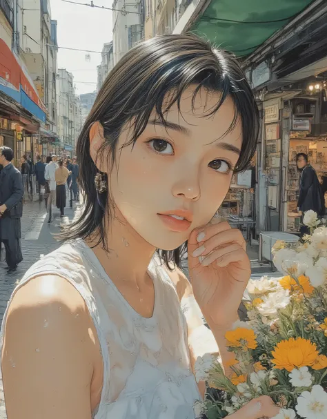 Vivid, highly detailed, award-winning illustration, professional. A woman, elegant and natural makeup woman looking at flowers at a flower market, sexy hot blonde blue eyed goth, provocative, female upper body depiction, wide angle, beautiful, fantasy. Hyp...