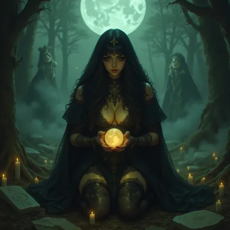 > A mysterious gothic witch performing a ritual under a full moon. Her long black wavy hair cascades softly over her shoulders. Dressed in a flowing black lace gown with subtle shimmer, she kneels gracefully, holding a glowing orb in her delicate hands — f...
