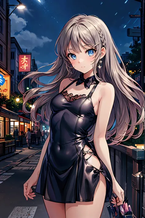 Bunny Girl at the Tavern,Under the Shiny Neon Lights,Bunny Girls Listen to the Hearts of Customers,Selling Escapist for a Moment,active，Attractive Poses,Rich Proportions,plump curves,beautiful face,Glossy Hair,Glittering Costumes,meteor、空から降り注ぐmeteor、無数のme...