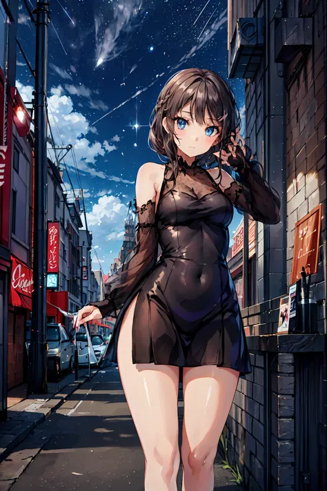Bunny Girl at the Tavern,Under the Shiny Neon Lights,Bunny Girls Listen to the Hearts of Customers,Selling Escapist for a Moment,active，Attractive Poses,Rich Proportions,plump curves,beautiful face,Glossy Hair,Glittering Costumes,meteor、空から降り注ぐmeteor、無数のme...
