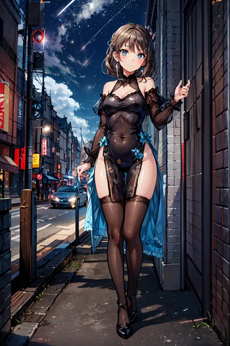 Bunny Girl at the Tavern,Under the Shiny Neon Lights,Bunny Girls Listen to the Hearts of Customers,Selling Escapist for a Moment,active,Attractive Poses,Rich Proportions,plump curves,beautiful face,Glossy Hair,Glittering Costumes,meteor、空から降り注ぐmeteor、無数のme...