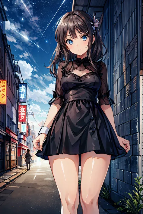 Bunny Girl at the Tavern,Under the Shiny Neon Lights,Bunny Girls Listen to the Hearts of Customers,Selling Escapist for a Moment,active，Attractive Poses,Rich Proportions,plump curves,beautiful face,Glossy Hair,Glittering Costumes,meteor、空から降り注ぐmeteor、無数のme...