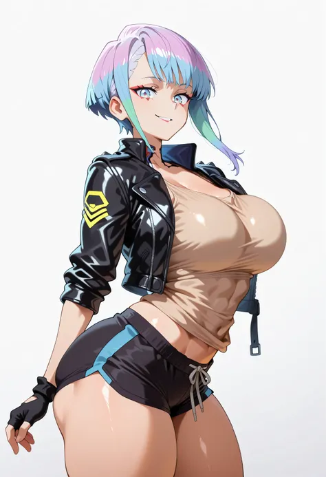 anime 1 girl, solo, hourglass body shape, very wide hips, A balanced bust and hip width, thigh-heavy thighs, bare belly, abs, A well-defined waist, exaggerated and rounded butt, ((black leather jacket, beige tank shirt, black runner shorts, black fingerles...