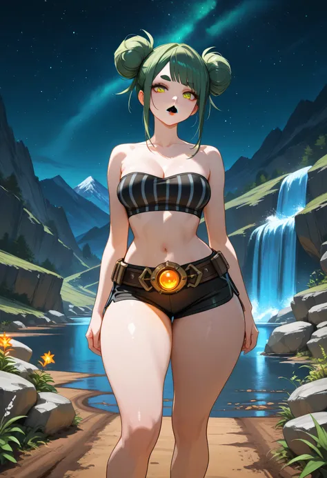 (Night Sky, Stars Sky, Mountain, Waterfall, Rocks, Dirt Road, Herbs), Green Hair, (Double Bun), ((Bangs Side-Swept)), Green Normal Eyebrows, Glowing Orange Eyes, Black Lips, Perfect Lips, Collarbone, Cleavage, (Medium Breasts), Small Waist, Normal Midriff,...