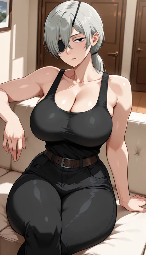 1 girl, quanxi \(chainsaw man\), long hair, black eyes, gray hair, ponytail, hair over one eye, eyepatch, one eye covered
curvy body, big breasts
shirt, bare shoulders, collarbone, pants, belt, black shirt, black pants, tank top, shirt tucked in, black tan...