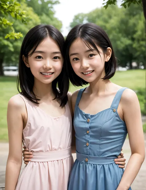 2 cute girls,((Highest Quality)),park where the nipples are almost visible,((Photo Quality)),(Slim:1.5),(detail),Tiny Chest,narrow shoulder width,perfect face,Tank Dress ,ruffle dress,(skinny:1.3),(smile:0.5)