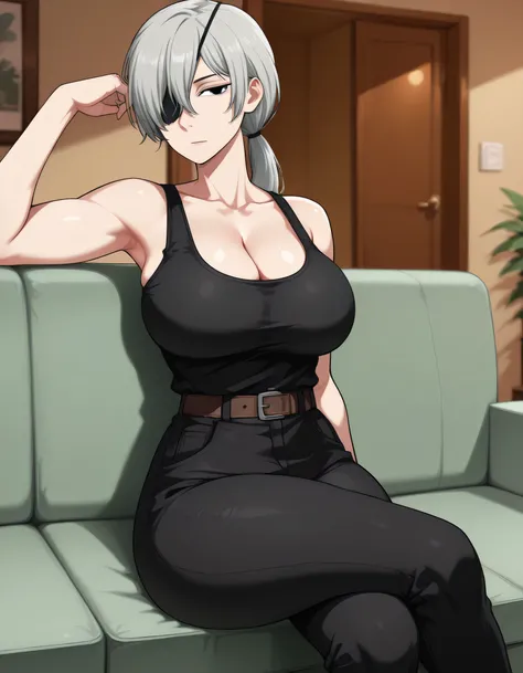 1 girl, quanxi \(chainsaw man\), long hair, black eyes, gray hair, ponytail, hair over one eye, eyepatch, one eye covered
curvy body, big breasts
shirt, bare shoulders, collarbone, pants, belt, black shirt, black pants, tank top, shirt tucked in, black tan...