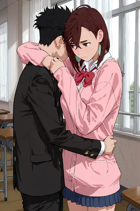 (masterpiece,best quality:1.2,amazing quality,very aesthetic, absurdres, newest),(anime coloring), dandadan style ,gakuran,black hair (takakura ken ,Ayase Momo, Dandadan ),1boy and 1girl,hug,(ideal ratio body proportions:1.2),(slender body,skinny), medium ...