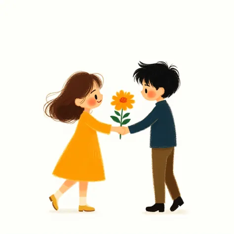 lbh, masterpiece, white background, couple, duo, 1girl, 1boy, cute, full body, happy, smile, holding flower