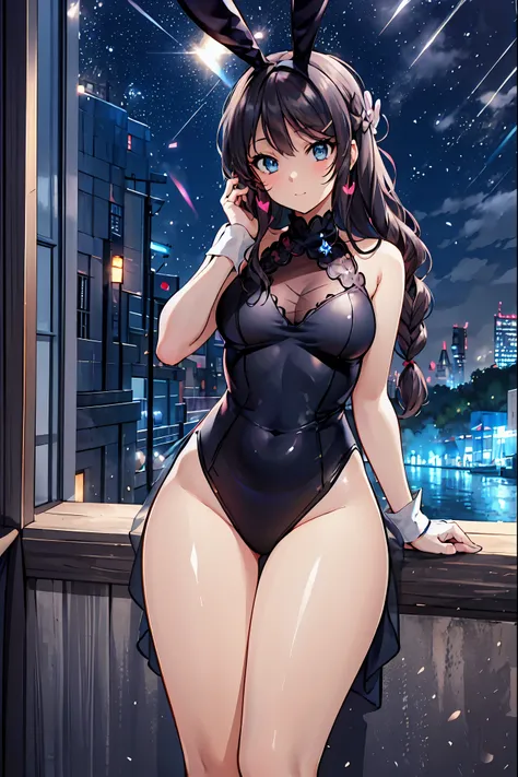 Bunny Girl at the Tavern,Under the Shiny Neon Lights,Bunny Girls Listen to the Hearts of Customers,Selling Escapist for a Moment,active，Attractive Poses,Rich Proportions,plump curves,beautiful face,Glossy Hair,Glittering Costumes,meteor、空から降り注ぐmeteor、無数のme...