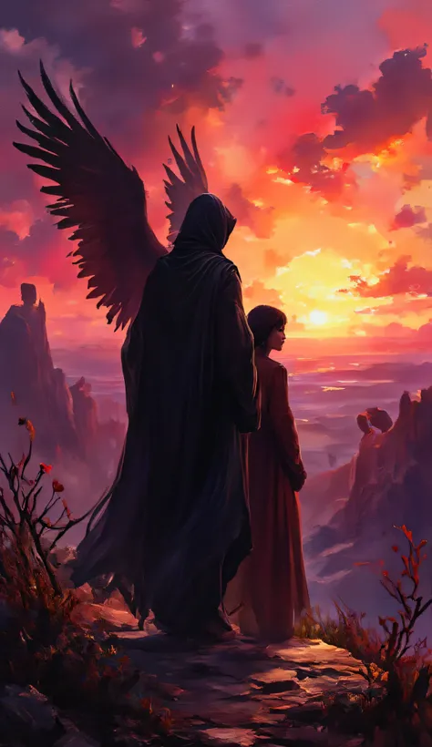 A dark, fantastical scene features a cloaked figure with wings overlooking a desolate landscape. A woman stands beside him, while shadowy figures and creatures loom in a vibrant sunset backdrop.