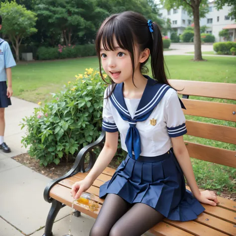 holding his hand and putting it On a girl,On, The girl is happily sucking the little boy's very large penis hanging all over her face , black tights for hypnosisに大量のがかかっている, sailor suit cosplay , navy skirt,20 years old,cute girl with detailed and round ey...