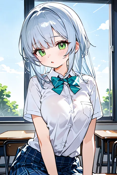 Western Beauties,One person,masterpiece,delicate illustration, natural body,straight hair,complicated details ,Blue x silver hair,(Clear x green eyes),healthy-looking skin、(Short sleeve+school uniform),(Plaid x skirt),classrooms,natural personality,(blowi...