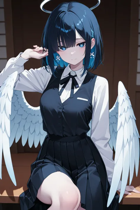 「ガーターエンジェル 」、フォールン・エンジェル 、フォールン・エンジェル、ガーターストッキングを着た天使の女性、暗闇の中で, 流れるような銀髪にはブラックのリボンが飾られている, Her eXpression is、大聖堂. キャラクターは長い髪を持っている, 超現実的な感覚を高める, 画像の超自然的な色調、優雅な雰囲気を漂わせる印象的な体型、conveys a sense of calm and mystery reminiscent of a 大聖堂. そして彼女の頭上に淡く輝くハロー, そして彼女の...