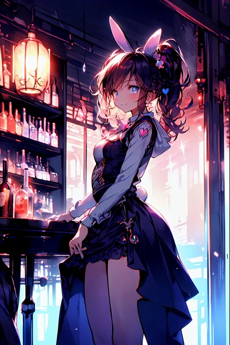 Bunny ears、Bunny Girl in the Tavern,Under the Shiny Neon Lights,Bunny Girls Listen to the Hearts of Customers,Selling Escapist for a Moment,active，Attractive Poses,Rich Proportions,plump curves,beautiful face,Glossy Hair,Glittering Costumes,meteor、空から降り注ぐm...