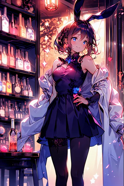 Bunny ears、Bunny Girl in the Tavern,Under the Shiny Neon Lights,Bunny Girls Listen to the Hearts of Customers,Selling Escapist for a Moment,active，Attractive Poses,Rich Proportions,plump curves,beautiful face,Glossy Hair,Glittering Costumes,meteor、空から降り注ぐm...
