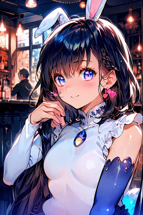 Bunny ears、Bunny Girl in the Tavern,Under the Shiny Neon Lights,Bunny Girls Listen to the Hearts of Customers,Selling Escapist for a Moment,active，Attractive Poses,Rich Proportions,plump curves,beautiful face,Glossy Hair,Glittering Costumes,meteor、空から降り注ぐm...