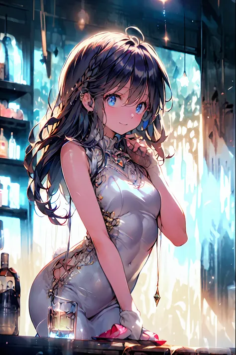 Bunny ears、Bunny Girl in the Tavern,Under the Shiny Neon Lights,Bunny Girls Listen to the Hearts of Customers,Selling Escapist for a Moment,active，Attractive Poses,Rich Proportions,plump curves,beautiful face,Glossy Hair,Glittering Costumes,meteor、空から降り注ぐm...