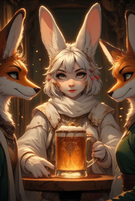 a woman dressed as a rabbit serves a drink to two customers dressed as a fox. Close-up of the beer mug, prospettiva 