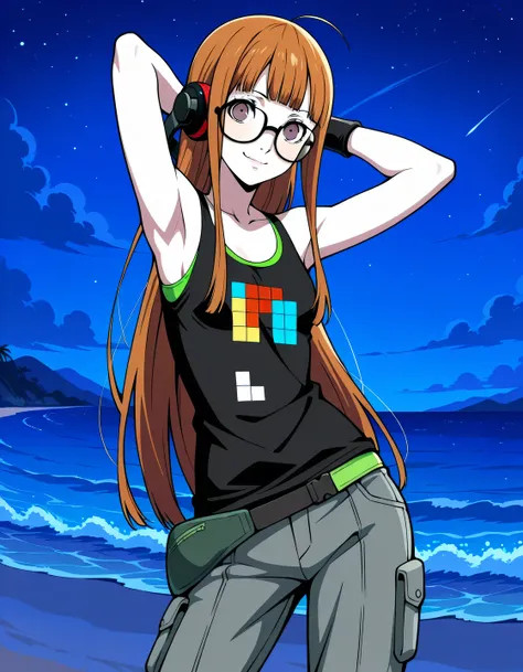 p5futaba, sakura futaba, long hair, glasses, blunt bangs, orange hair, ahoge,
p5futaba-summer, behind-the-head headphones, black tank top, bare shoulders, cargo pants, tetris, grey pants, fanny pack, wristband, shiny skin, high quality, solo, night sky, b...
