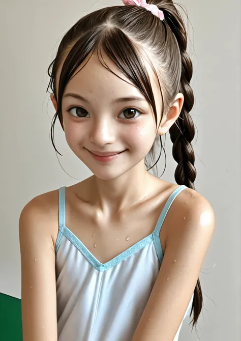 elementary school student、reality、cute、camisole、ponytail、wet eyes、(Gentle smile:1.2),(skinny:1.3),from above,ponytail:0.5,braids:0.5,Bang Hair:0.5,twin tails:0.5,(Japanese girls)