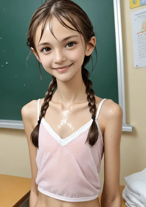 elementary school student、reality、cute、camisole、ponytail、wet eyes、(Gentle smile:1.2),(skinny:1.3),from above,ponytail:0.5,braids:0.5,Bang Hair:0.5,twin tails:0.5,(Japanese girls)
