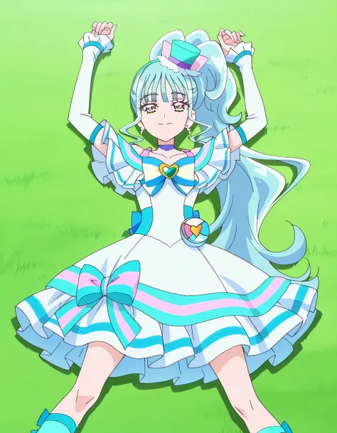 Cure Lillian, light blue hair, very_long_ponytail, wavy hair, purple_eyes, multicolored eyes, small_breasts, earrings, mini hat, hair_ornaments, bangs, light blue precure costumes, anime screencap, high quality, solo, lying, on back, arms up, legs apart, c...