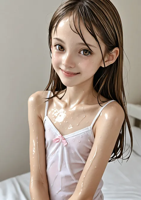 elementary school student、reality、cute、camisole、wet eyes、(Gentle smile:1.2),(skinny:1.3),from above,(Japanese girls)