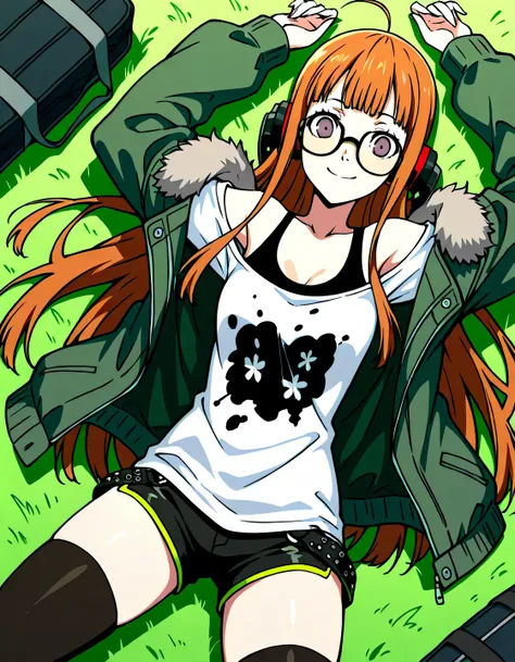 p5futaba, sakura futaba, long hair, glasses, blunt bangs, orange hair, ahoge
p5-futaba-winter, behind-the-head headphones, fur-trimmed jacket, green jacket, shirt, white tank top, off shoulder, bare shoulders, black shorts, black thighhighs, shiny skin, h...