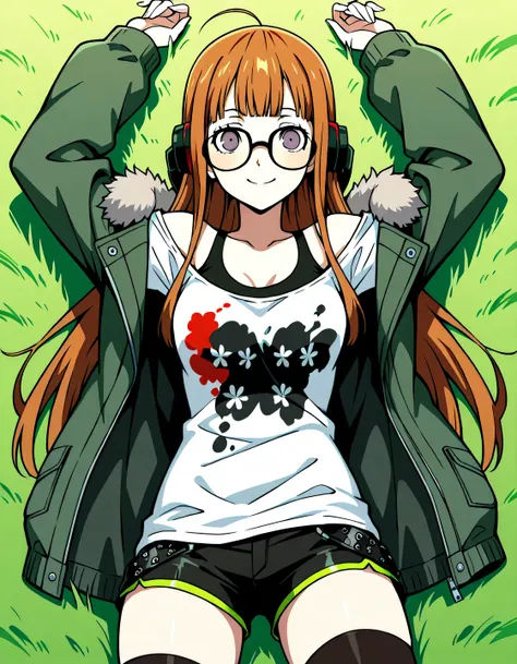 p5futaba, sakura futaba, long hair, glasses, blunt bangs, orange hair, ahoge
p5-futaba-winter, behind-the-head headphones, fur-trimmed jacket, green jacket, shirt, white tank top, off shoulder, bare shoulders, black shorts, black thighhighs, shiny skin, h...