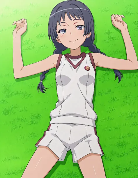 maaya awatsuki \(railgun\), Toaru Kagaku no Railgun & Index anime style, dark blue hair, long hair, braid, twin braids, blue eyes, tokiwadai gym uniform, gym uniform, bare shoulders, sleeveless shirt, white shirt, white shorts, small breasts, anime scree...