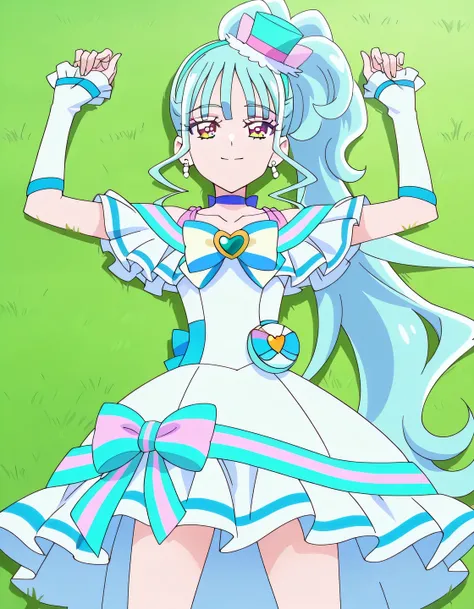 Cure Lillian, light blue hair, very_long_ponytail, wavy hair, purple_eyes, multicolored eyes, small_breasts, earrings, mini hat, hair_ornaments, bangs, light blue precure costumes, anime screencap, high quality, solo, lying, on back, arms up, legs apart, c...