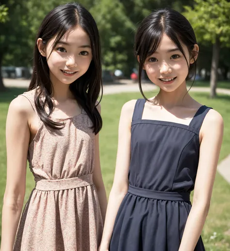 2 cute girls,((Highest Quality)),park where the nipples are almost visible,((Photo Quality)),(Slim:1.5),(detail),Tiny Chest,narrow shoulder width,perfect face,Tank Dress ,ruffle dress,(skinny:1.3),(smile:0.5)