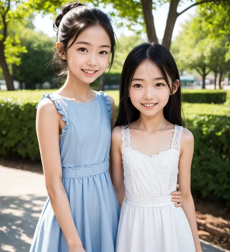 2 cute girls,((Highest Quality)),park where the nipples are almost visible,((Photo Quality)),(Slim:1.5),(detail),Tiny Chest,narrow shoulder width,perfect face,Tank Dress ,ruffle dress,(skinny:1.3),(smile:0.5)