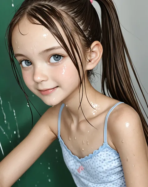 elementary school student、reality、cute、camisole、ponytail、wet eyes、(Gentle smile:0.5),skinny,from above