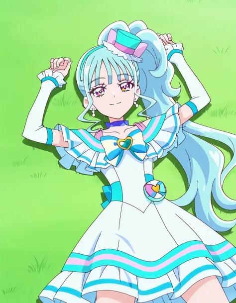 Cure Lillian, light blue hair, very_long_ponytail, wavy hair, purple_eyes, multicolored eyes, small_breasts, earrings, mini hat, hair_ornaments, bangs, light blue precure costumes, anime screencap, high quality, solo, lying, on back, arms up, legs apart, c...