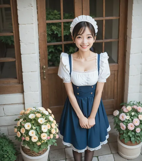 Single Girl、maids,Look at the audience,(skinny:1.19),(younger:0.95),from above,slouches forward,(big boobs:0.06),Watering flowers outside the mansion,Japanese,(Smile Yang:1.05),black lace stockings