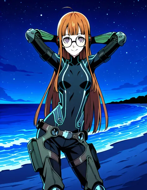 p5futaba, sakura futaba, long hair, blunt bangs, orange hair, ahoge,
p5futaba-oracle, black bodysuit, gloves, green gloves, belt, knee pads, shiny skin, high quality, solo, night sky, beach, (hands behind head), ((contrapposto)), closed mouth, cowboy shot,...