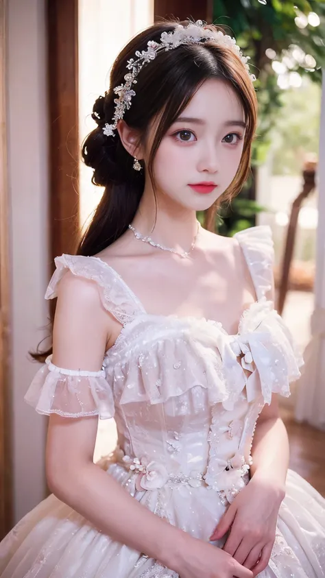 Detailed depiction of a white Lolita girl , Wearing an exquisite puffy princess dress , Elegant and dreamy appearance , Looking forward , Delicate and delicate face , Gentle and beautiful expression , Surrounded by soft light ,The background is an elegant...