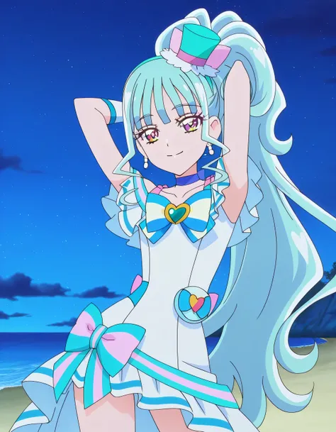 Cure Lillian, light blue hair, very_long_ponytail, wavy hair, purple_eyes, multicolored eyes, small_breasts, earrings, mini hat, hair_ornaments, bangs, light blue precure costumes, anime screencap, high quality, solo, night sky, beach, arms behind head, ((...