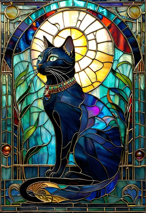 Ancient Egyptian Stained Glass,Black Cat,美Seems尻尾,Mysterious,Rin々Seems,multicolored background,4K,UHD,Ultra Fine Paintings,High Quality,Realistic,Realistic,Bokeh,photorealistic,fantasy,Obscure,Mysterious,fantastic,dark art,deep color,Embrace both luscious,...