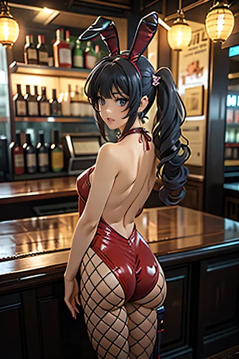 Turning around, (Sexy back pose, leaning forward), ((From behind)), Gaze, Center of image, Eft_bunny_mai, Rabbit, Black hair, Bunny tail, Bunny ears, Fake ears, Large group of customers, Bunny girl, (Fishnet stockings: 1.5), (Waitress: 1.3), Earrings, Long...