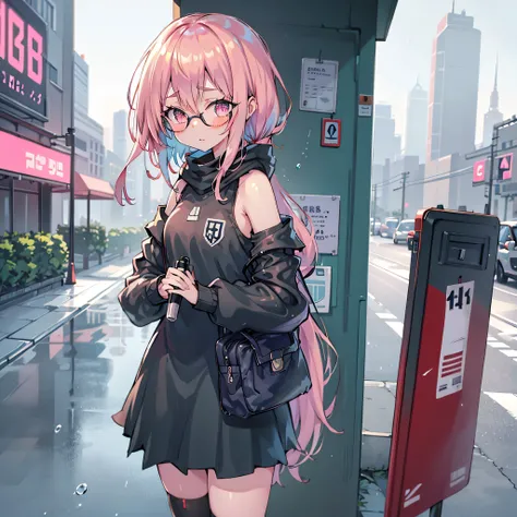 Anime girl with pink hair and glasses in the rain, oppai cyberpunk,  cyberpunk anime girl  in hoodie,  Cool Anime 8K ,  cyberpunk anime girl  4K konachan, cyberpunk anime art,  cyberpunk anime girl  , cyberpunk anime art, female  cyberpunk anime girl  , {{...