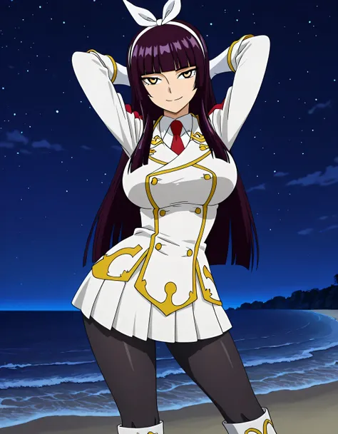 kaguramikazuchi, 1girl, long hair, hime cut, purple hair, yellow eyes, big breasts, pantyhose, gloves, skirt, uniform, necktie, knee boots, white gloves, hairband, black pantyhose, military uniform, anime screencap, best quality, solo, night sky, beach, h...