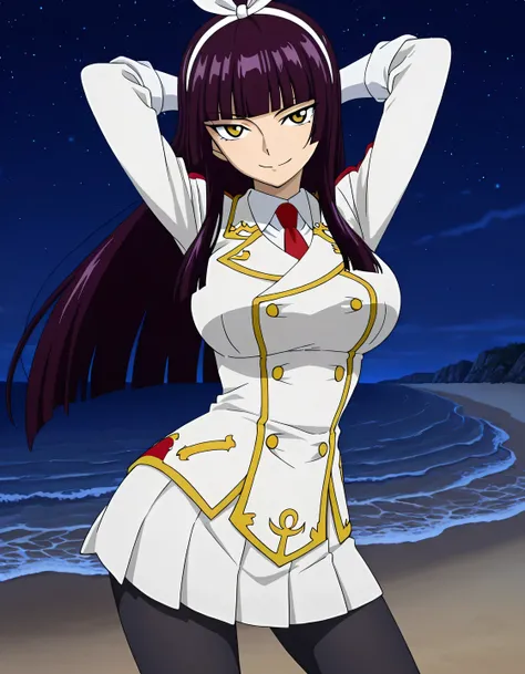 kaguramikazuchi, 1girl, long hair, hime cut, purple hair, yellow eyes, big breasts, pantyhose, gloves, skirt, uniform, necktie, knee boots, white gloves, hairband, black pantyhose, military uniform, anime screencap, best quality, solo, night sky, beach, h...